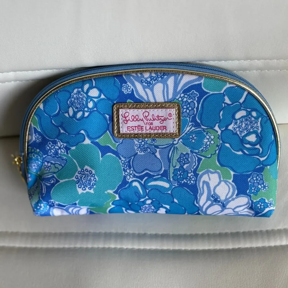 Lilly Pulitzer for Estee Lauder Blue Floral Makeup Cosmetic Bag 8.5